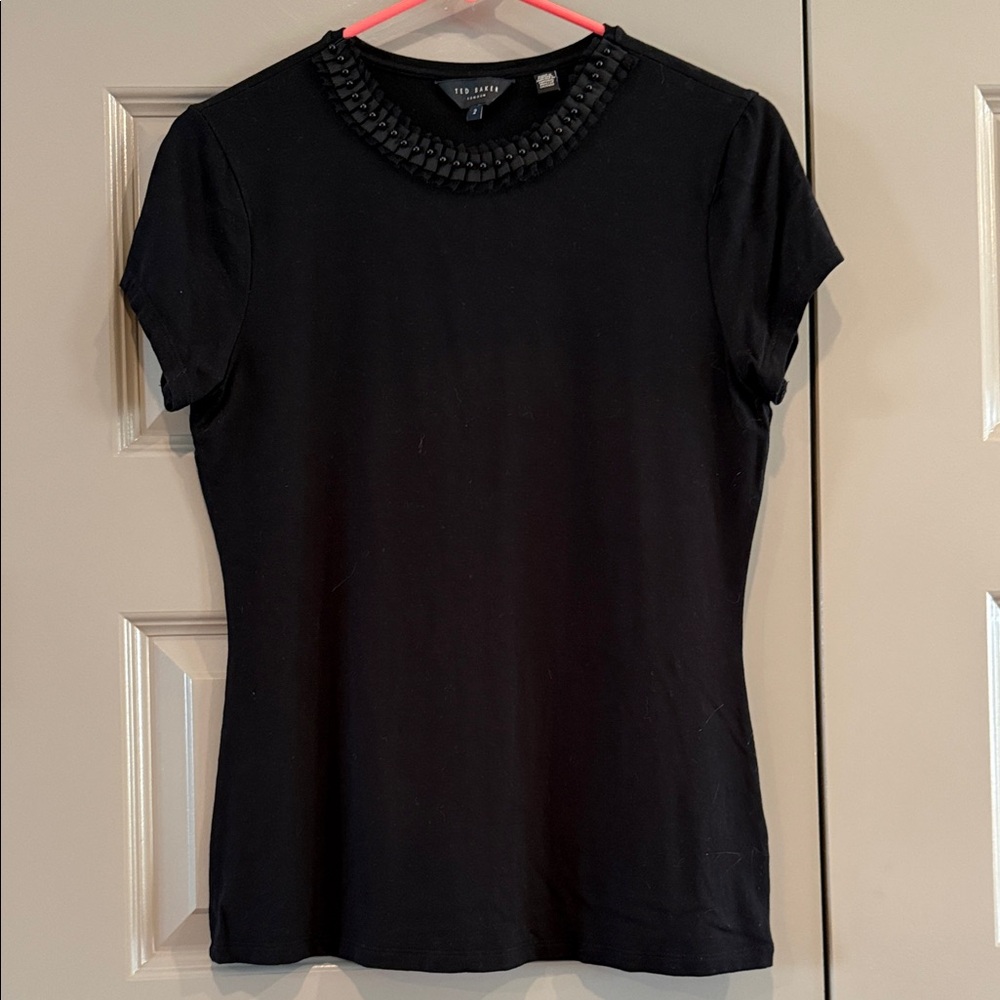 Ted Baker Black Short Sleeve Tee with Beaded Collar